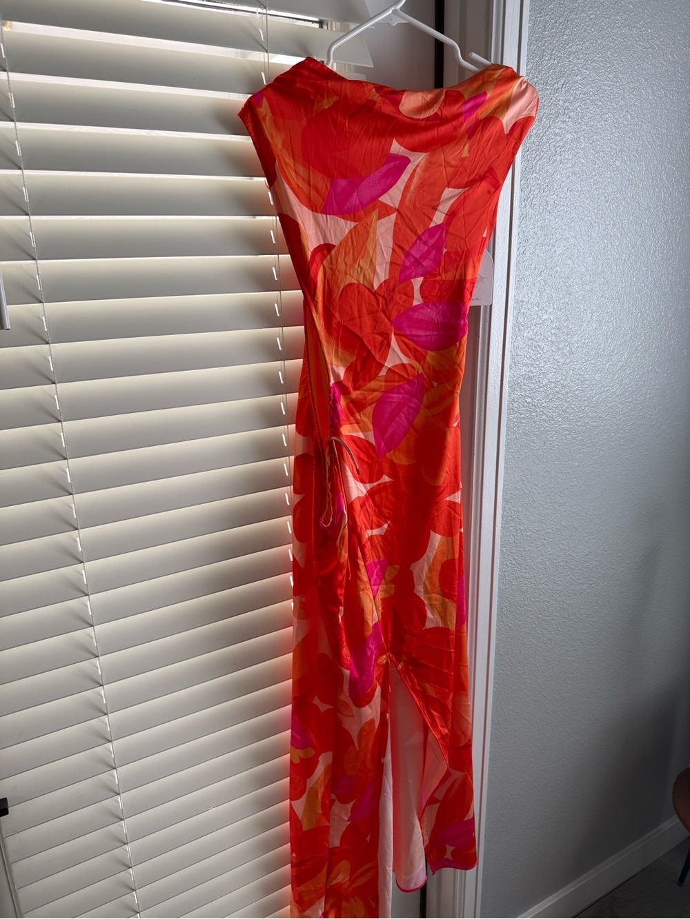 One-Shoulder Red & Pink Leaf-Print Maxi Dress